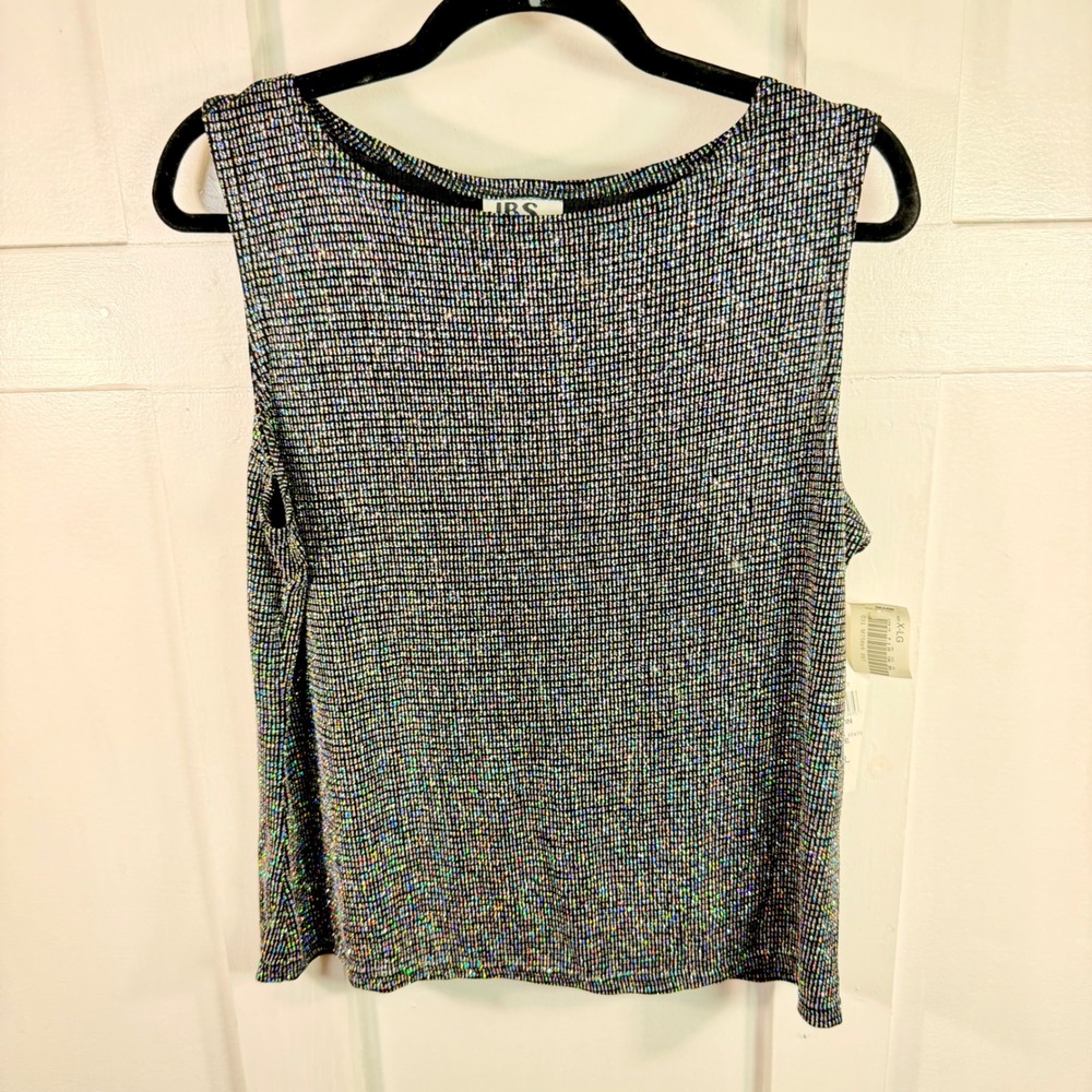 JBS LTD Womens Blk Holographic Metallic Shimmer Silver Rainbow Top Party USA NWT